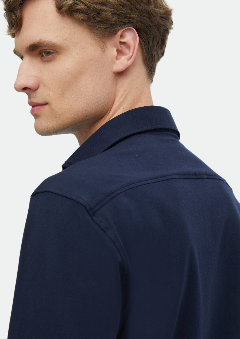 Lacivert Düz Regular Fit Uzun Casual Pamuk Karışımlı Gömlek - 5