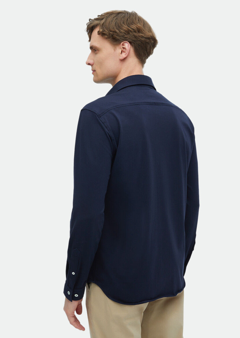 Lacivert Düz Regular Fit Uzun Casual Pamuk Karışımlı Gömlek - 6