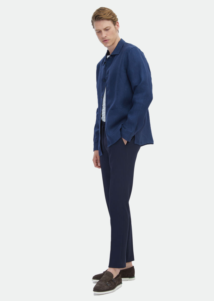 Lacivert Düz Regular Fit Uzun Dokuma %100 Keten Overshırt - 3