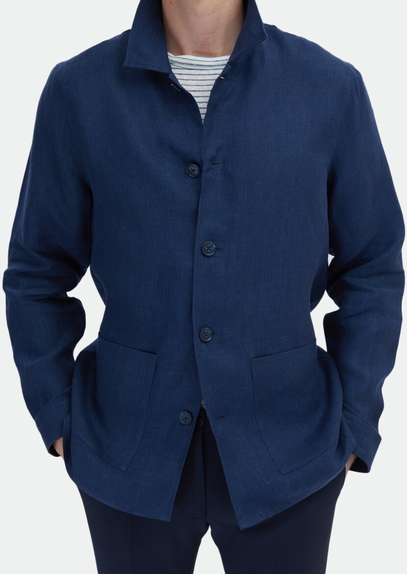 Lacivert Düz Regular Fit Uzun Dokuma %100 Keten Overshırt - 5