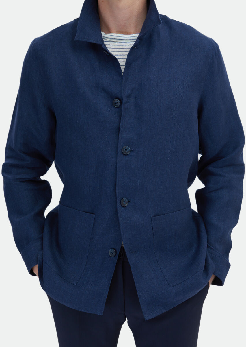 Lacivert Düz Regular Fit Uzun Dokuma %100 Keten Overshırt - 5