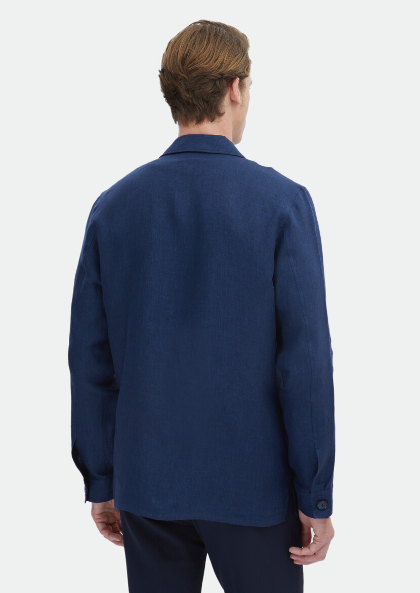 Lacivert Düz Regular Fit Uzun Dokuma %100 Keten Overshırt - 7