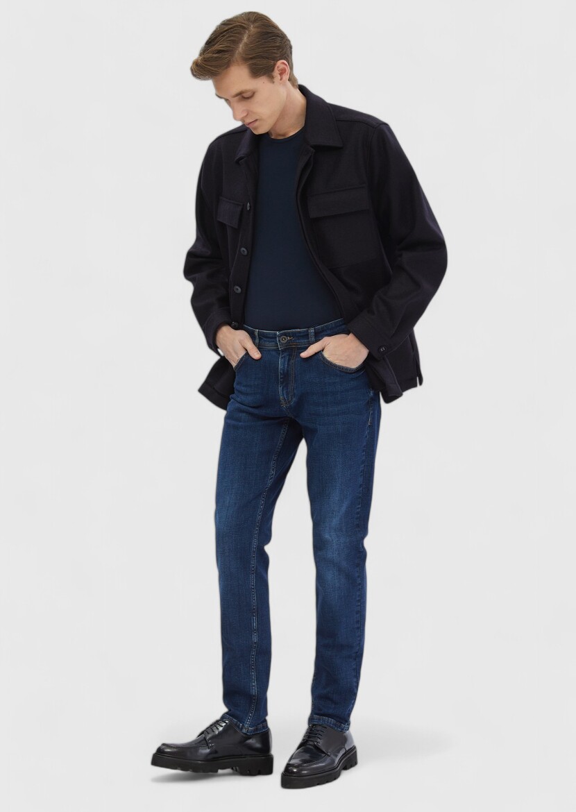 Lacivert Düz Regular Fit Uzun Dokuma %100 Yün Overshırt - 3