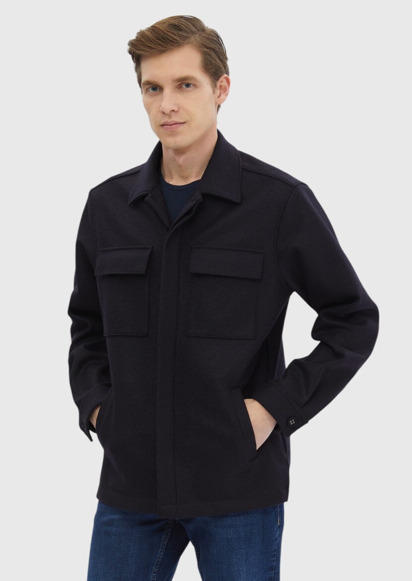 Lacivert Düz Regular Fit Uzun Dokuma %100 Yün Overshırt - 4