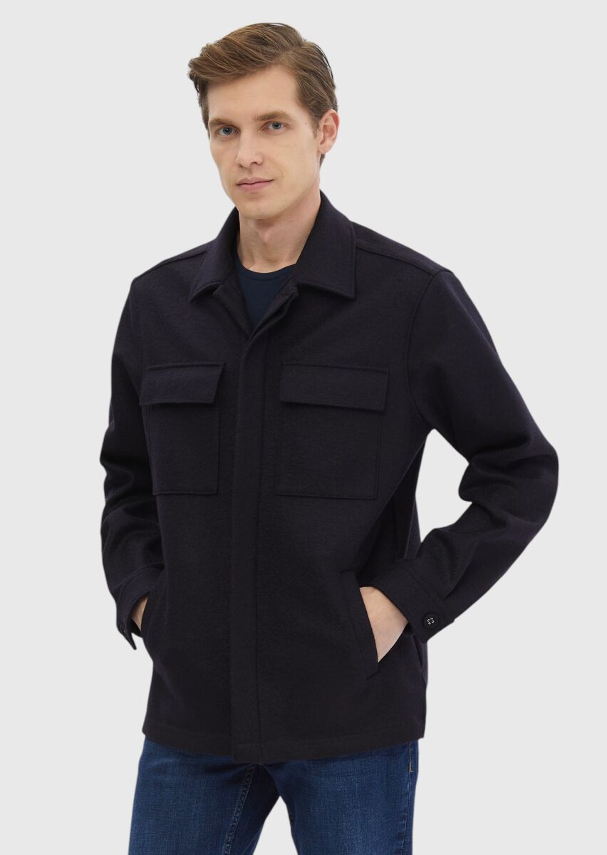 Lacivert Düz Regular Fit Uzun Dokuma %100 Yün Overshırt - 4
