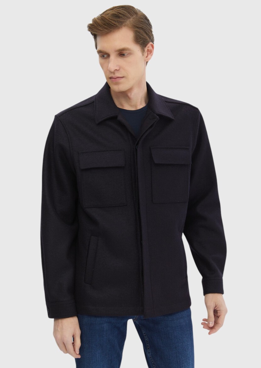Lacivert Düz Regular Fit Uzun Dokuma %100 Yün Overshırt - 5