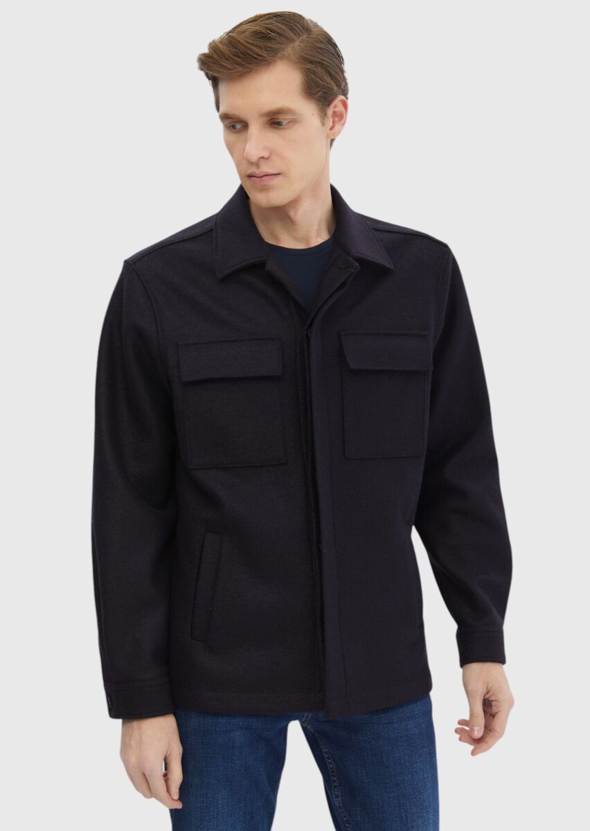 Lacivert Düz Regular Fit Uzun Dokuma %100 Yün Overshırt - 5