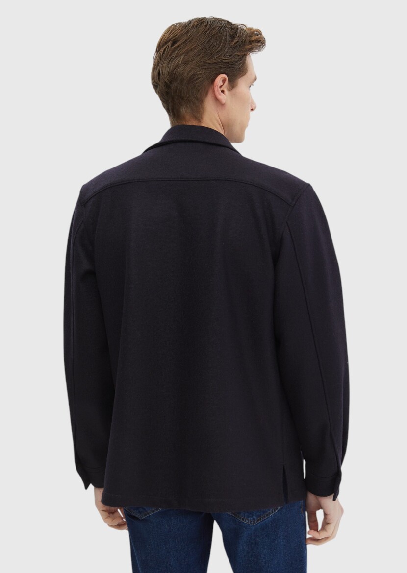 Lacivert Düz Regular Fit Uzun Dokuma %100 Yün Overshırt - 8