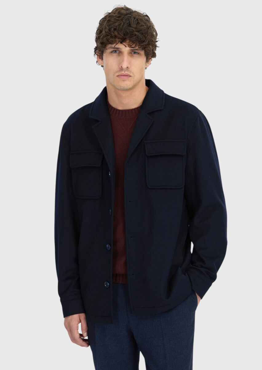 Lacivert Düz Regular Fit Uzun Dokuma %100 Yün Overshırt - 1
