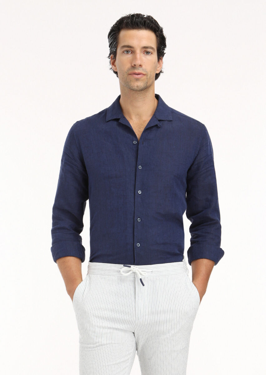 Lacivert Düz Regular Fit Uzun Dokuma Casual %100 Keten Gömlek - 3