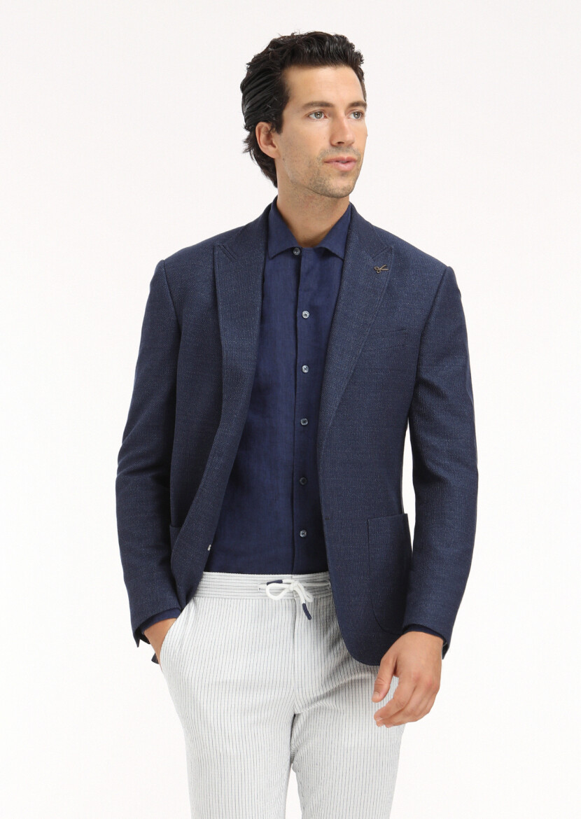 Lacivert Düz Regular Fit Uzun Dokuma Casual %100 Keten Gömlek - 4