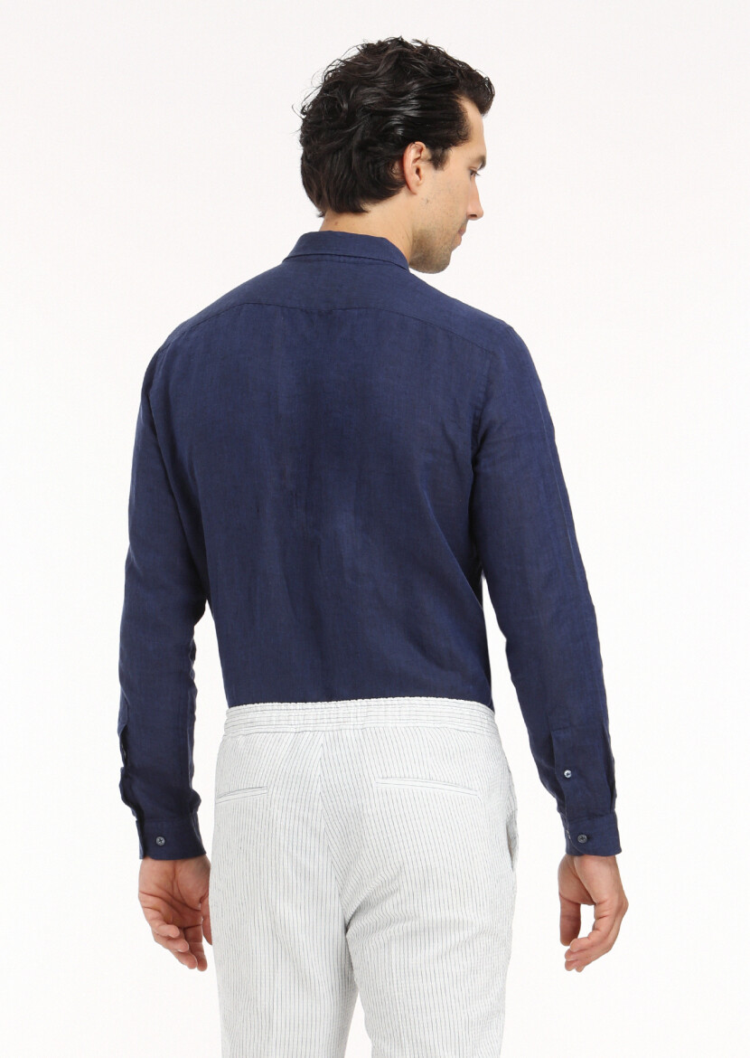 Lacivert Düz Regular Fit Uzun Dokuma Casual %100 Keten Gömlek - 5