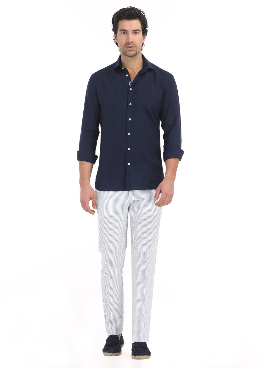 Lacivert Düz Regular Fit Uzun Dokuma Casual %100 Keten Gömlek 
