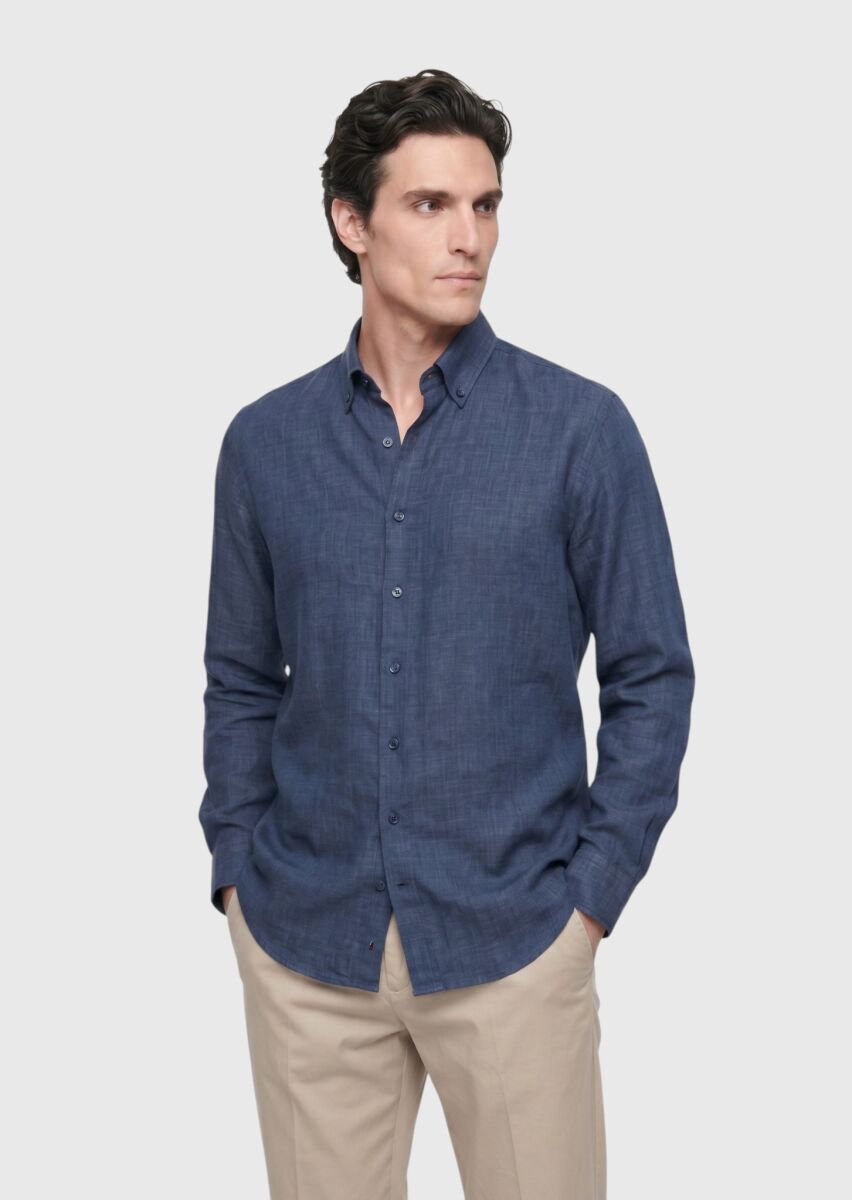 Lacivert Düz Regular Fit Uzun Dokuma Casual %100 Keten Gömlek - 2