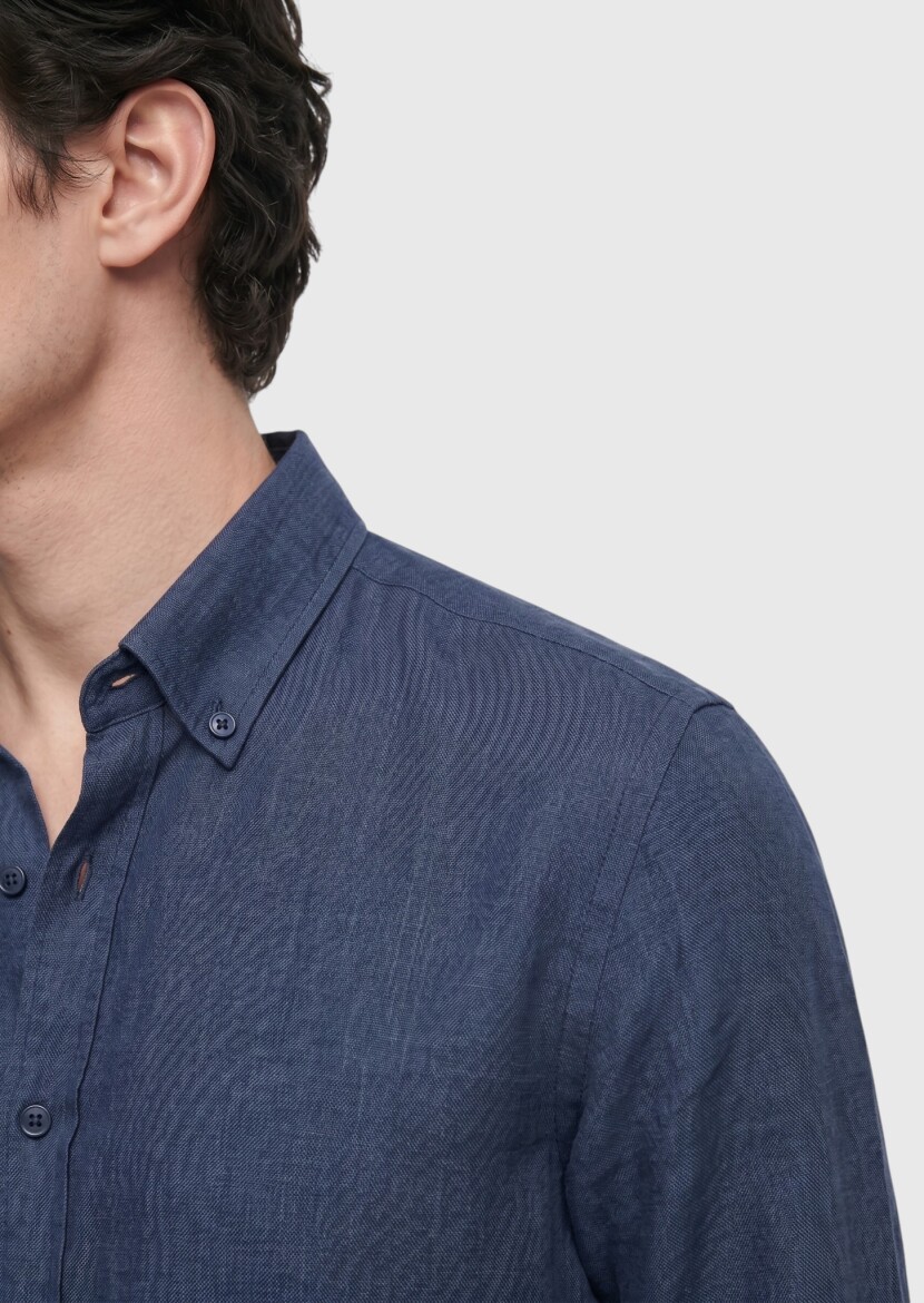Lacivert Düz Regular Fit Uzun Dokuma Casual %100 Keten Gömlek - 3
