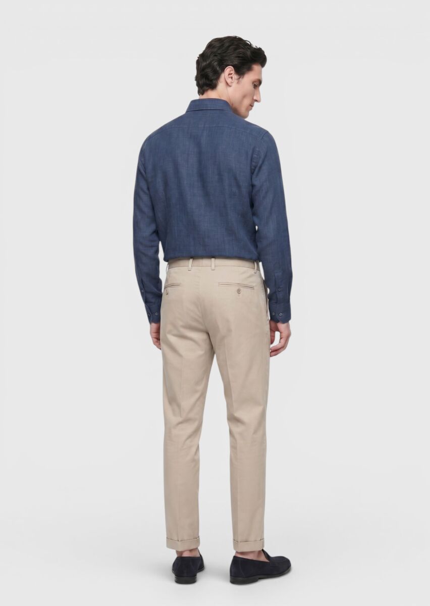 Lacivert Düz Regular Fit Uzun Dokuma Casual %100 Keten Gömlek - 5