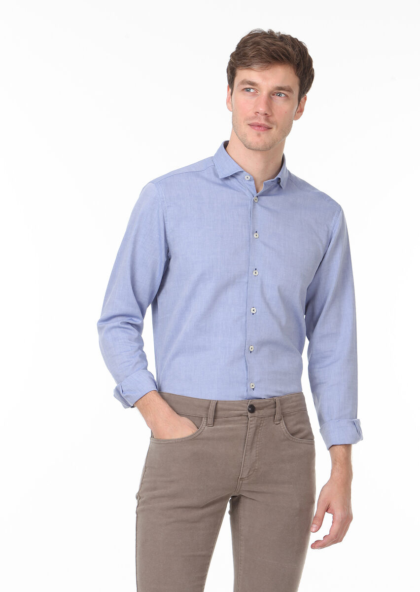 Lacivert Düz Regular Fit Uzun Dokuma Casual %100 Pamuk Gömlek - 1