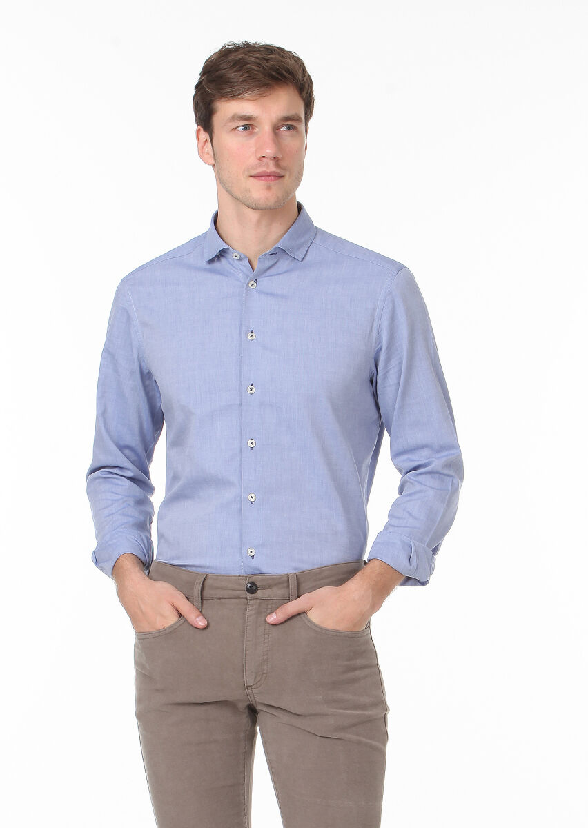 Lacivert Düz Regular Fit Uzun Dokuma Casual %100 Pamuk Gömlek - 3