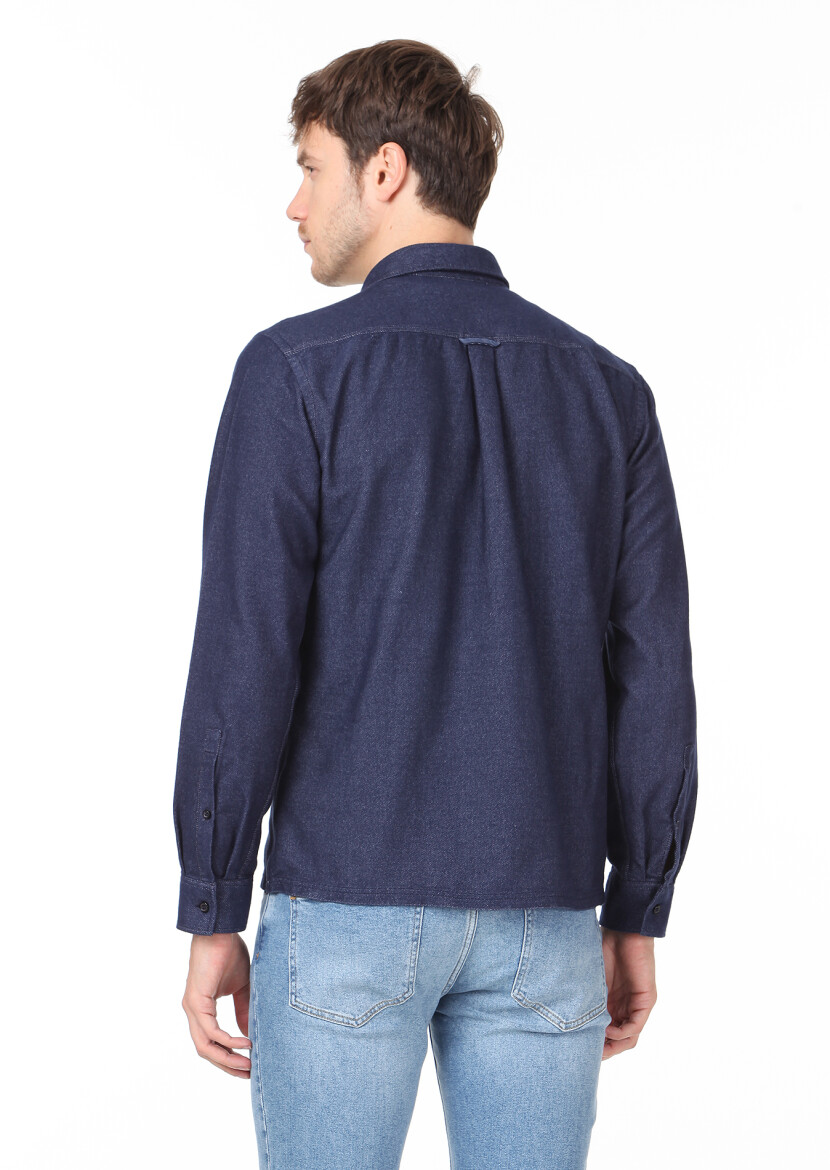 Lacivert Düz Regular Fit Uzun Dokuma Casual %100 Pamuk Gömlek - 4