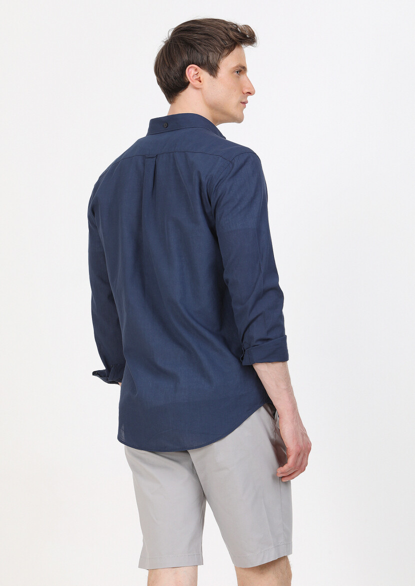 Lacivert Düz Regular Fit Uzun Dokuma Casual %100 Pamuk Gömlek - 5