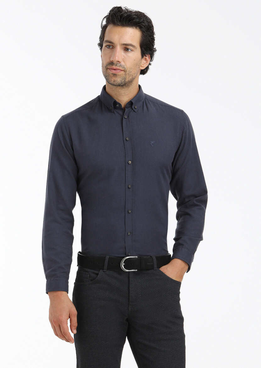 Lacivert Düz Regular Fit Uzun Dokuma Casual %100 Pamuk Gömlek - 2