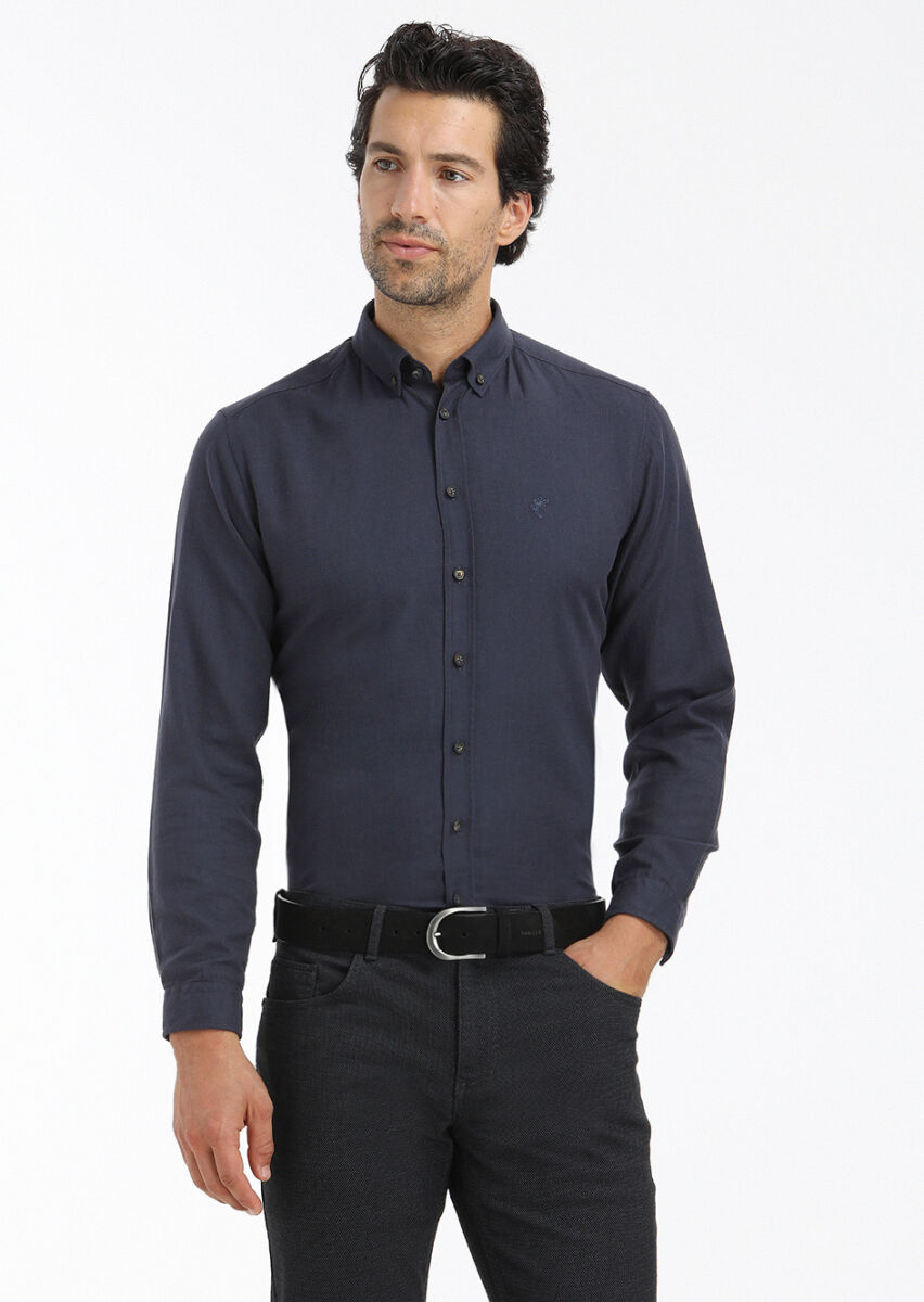 Lacivert Düz Regular Fit Uzun Dokuma Casual %100 Pamuk Gömlek - 2