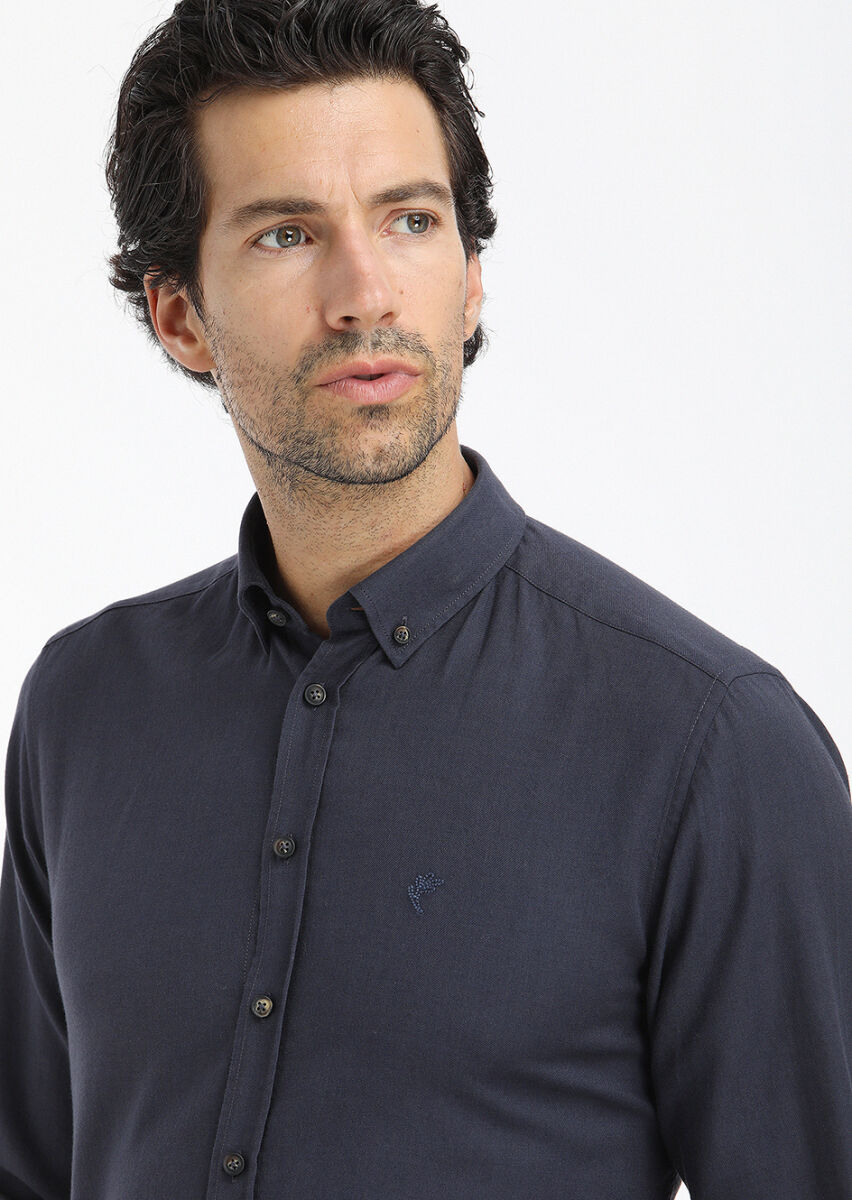 Lacivert Düz Regular Fit Uzun Dokuma Casual %100 Pamuk Gömlek - 3
