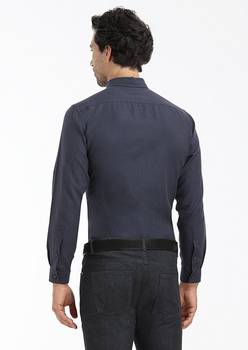 Lacivert Düz Regular Fit Uzun Dokuma Casual %100 Pamuk Gömlek - 4