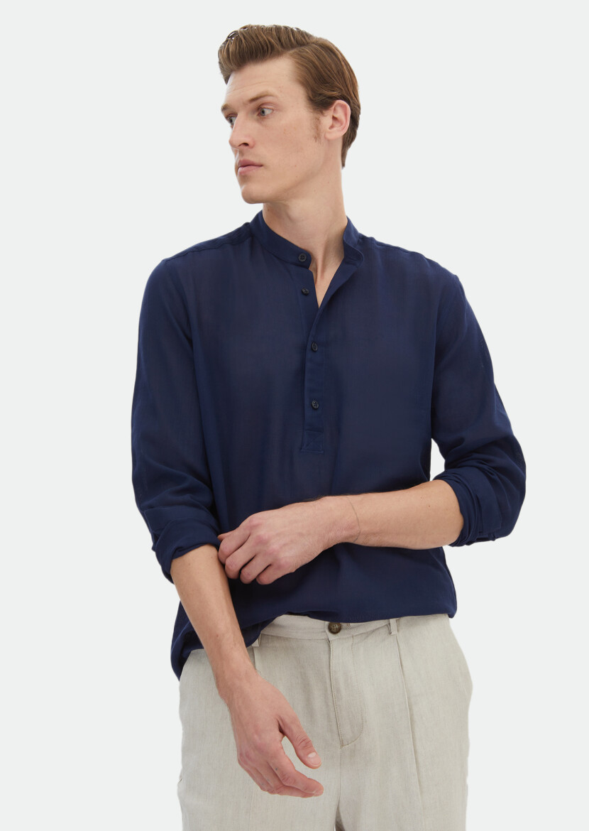 Lacivert Düz Regular Fit Uzun Dokuma Casual %100 Pamuk Gömlek - 1