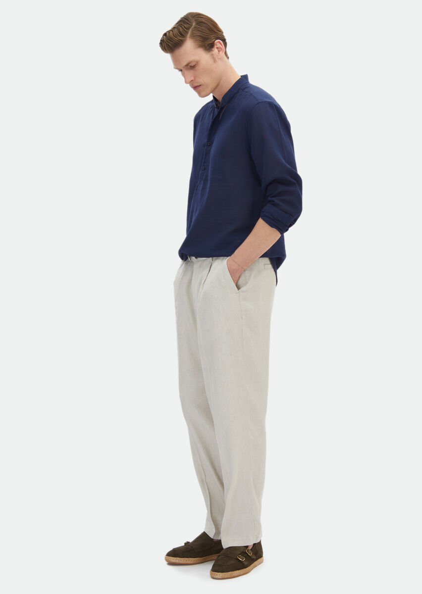 Lacivert Düz Regular Fit Uzun Dokuma Casual %100 Pamuk Gömlek - 3