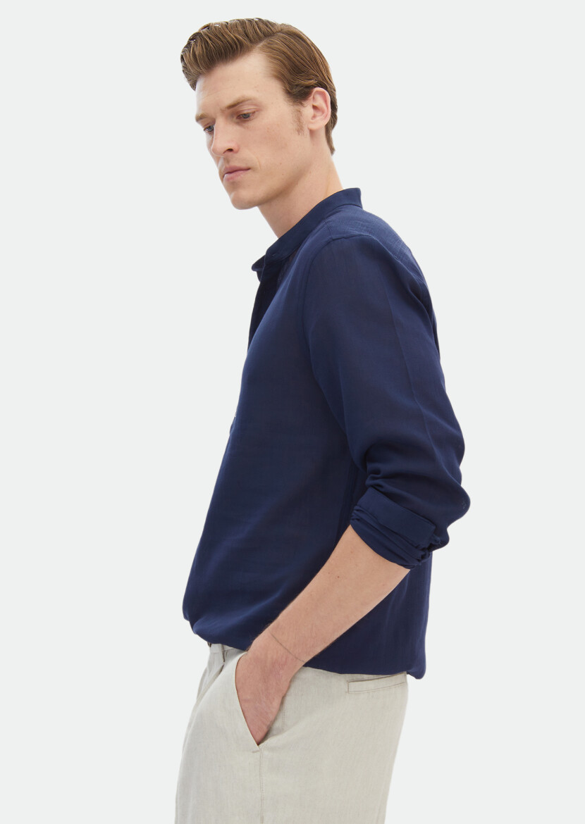 Lacivert Düz Regular Fit Uzun Dokuma Casual %100 Pamuk Gömlek - 5