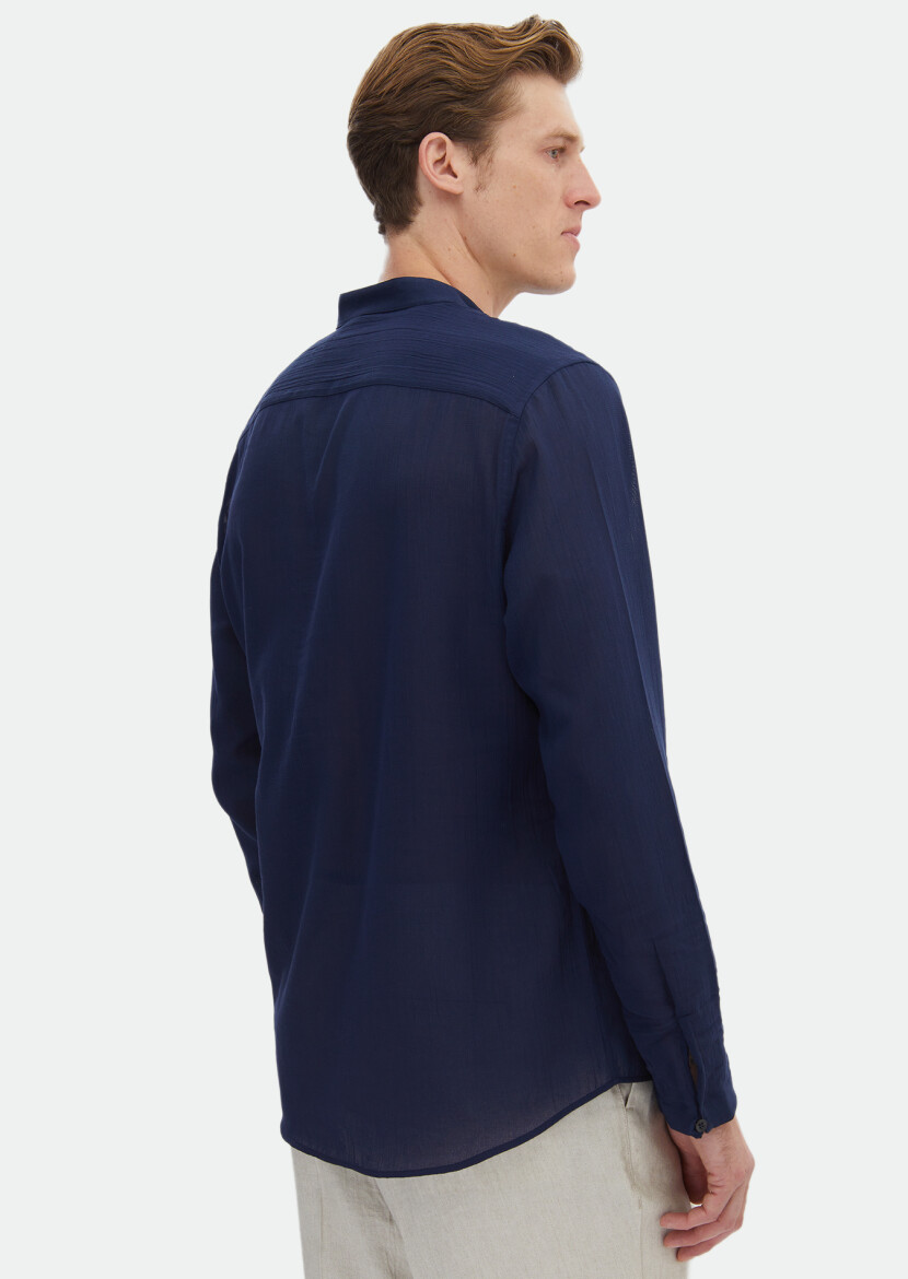 Lacivert Düz Regular Fit Uzun Dokuma Casual %100 Pamuk Gömlek - 7