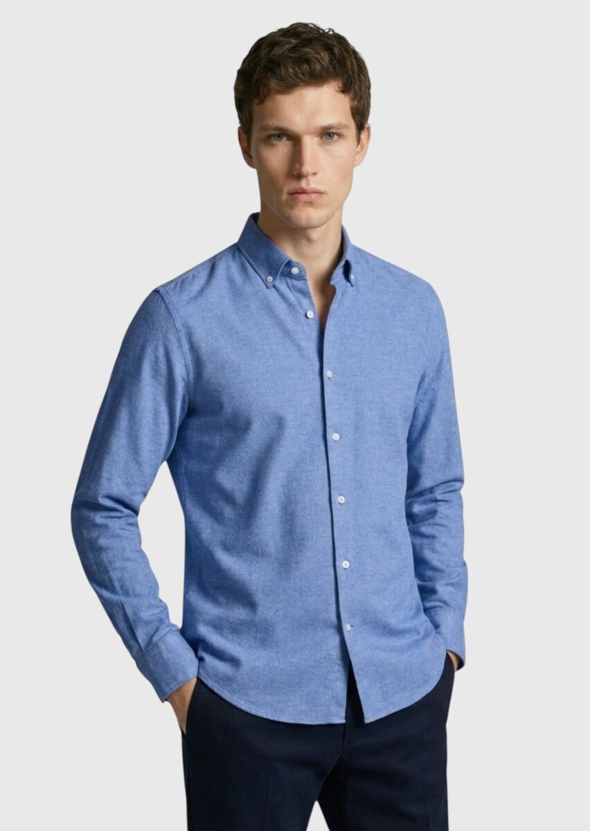 Lacivert Düz Regular Fit Uzun Dokuma Casual %100 Pamuk Gömlek - 1