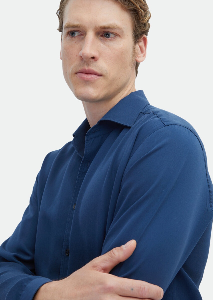 Lacivert Düz Regular Fit Uzun Dokuma Casual Gömlek - 4