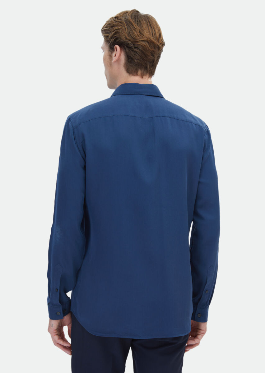 Lacivert Düz Regular Fit Uzun Dokuma Casual Gömlek - 5