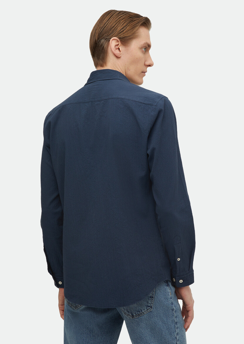 Lacivert Düz Regular Fit Uzun Dokuma Casual Pamuk Karışımlı Gömlek - 4