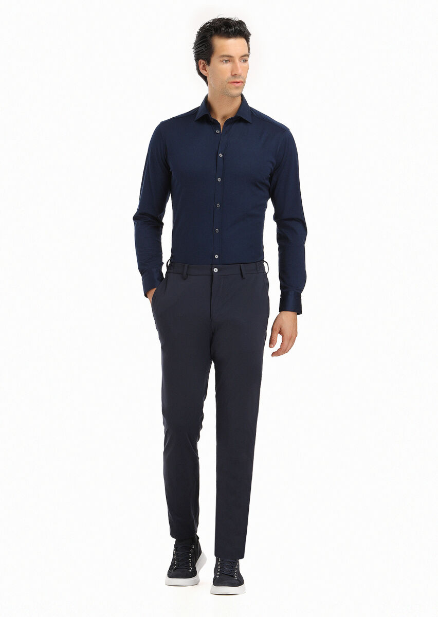 Lacivert Düz Regular Fit Uzun Dokuma Klasik %100 Pamuk Gömlek - 1