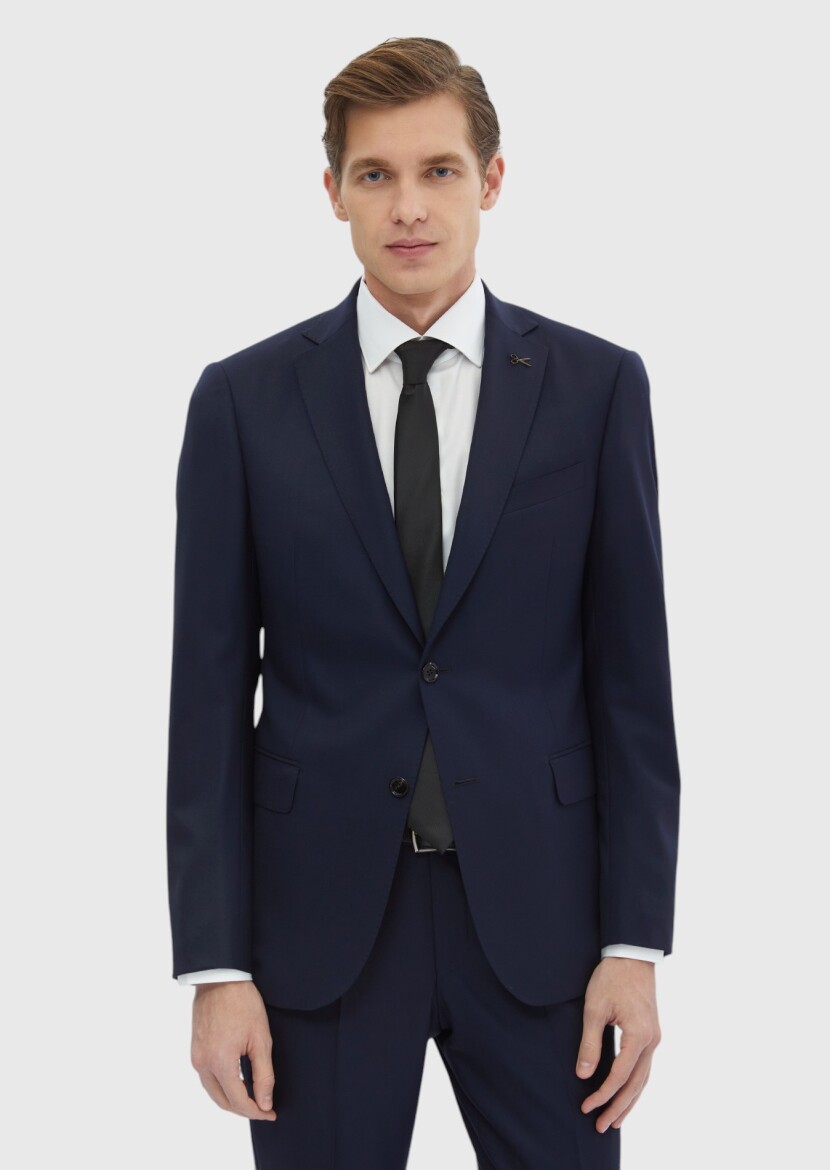Lacivert Düz Regular Fit Yün Karışımlı Takım Elbise 