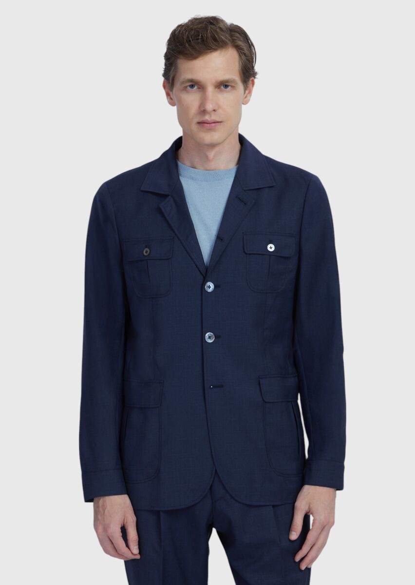 Lacivert Düz Shirt Shoulder Slim Fit %100 Yün Ceket - 1