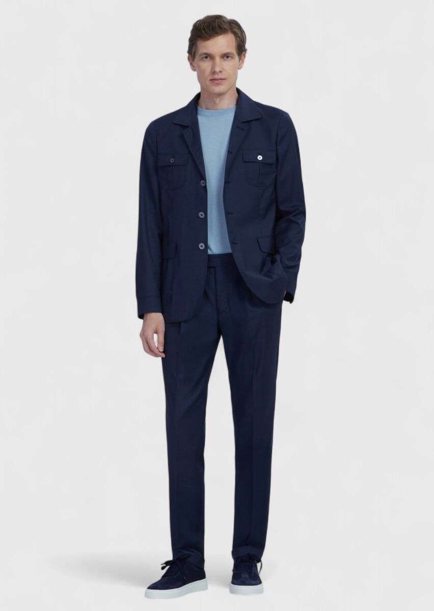 Lacivert Düz Shirt Shoulder Slim Fit %100 Yün Ceket - 2