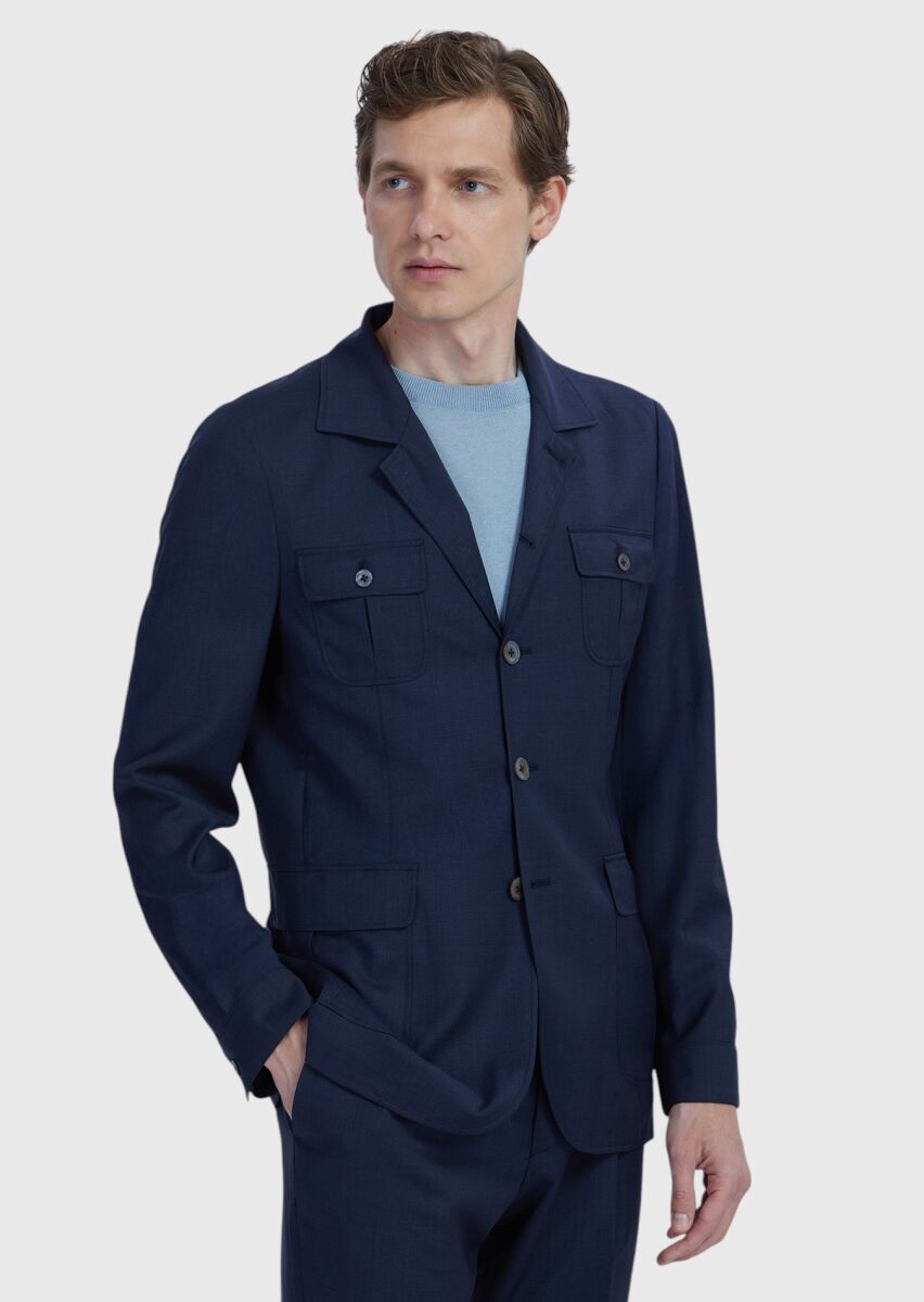 Lacivert Düz Shirt Shoulder Slim Fit %100 Yün Ceket - 3