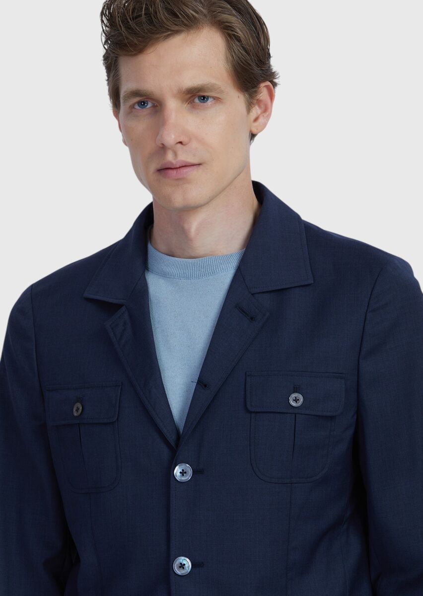 Lacivert Düz Shirt Shoulder Slim Fit %100 Yün Ceket - 4