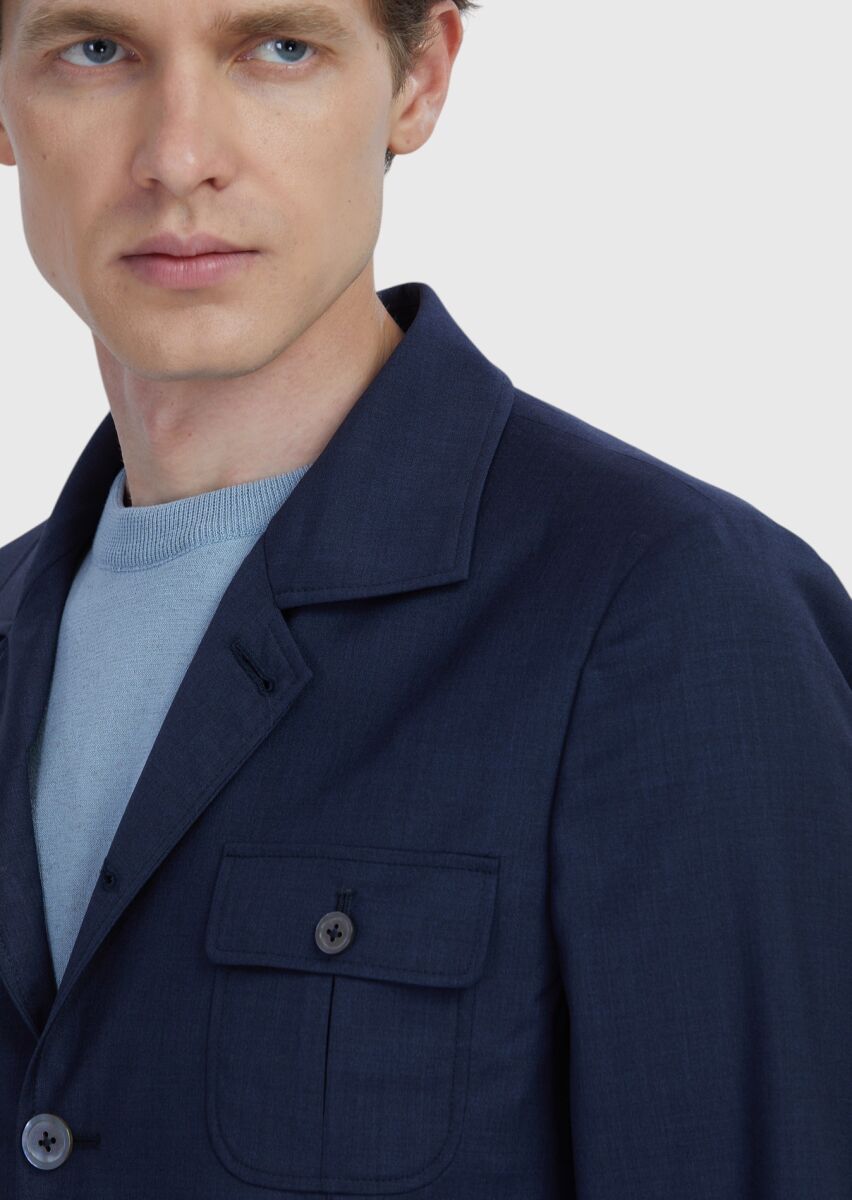 Lacivert Düz Shirt Shoulder Slim Fit %100 Yün Ceket - 5