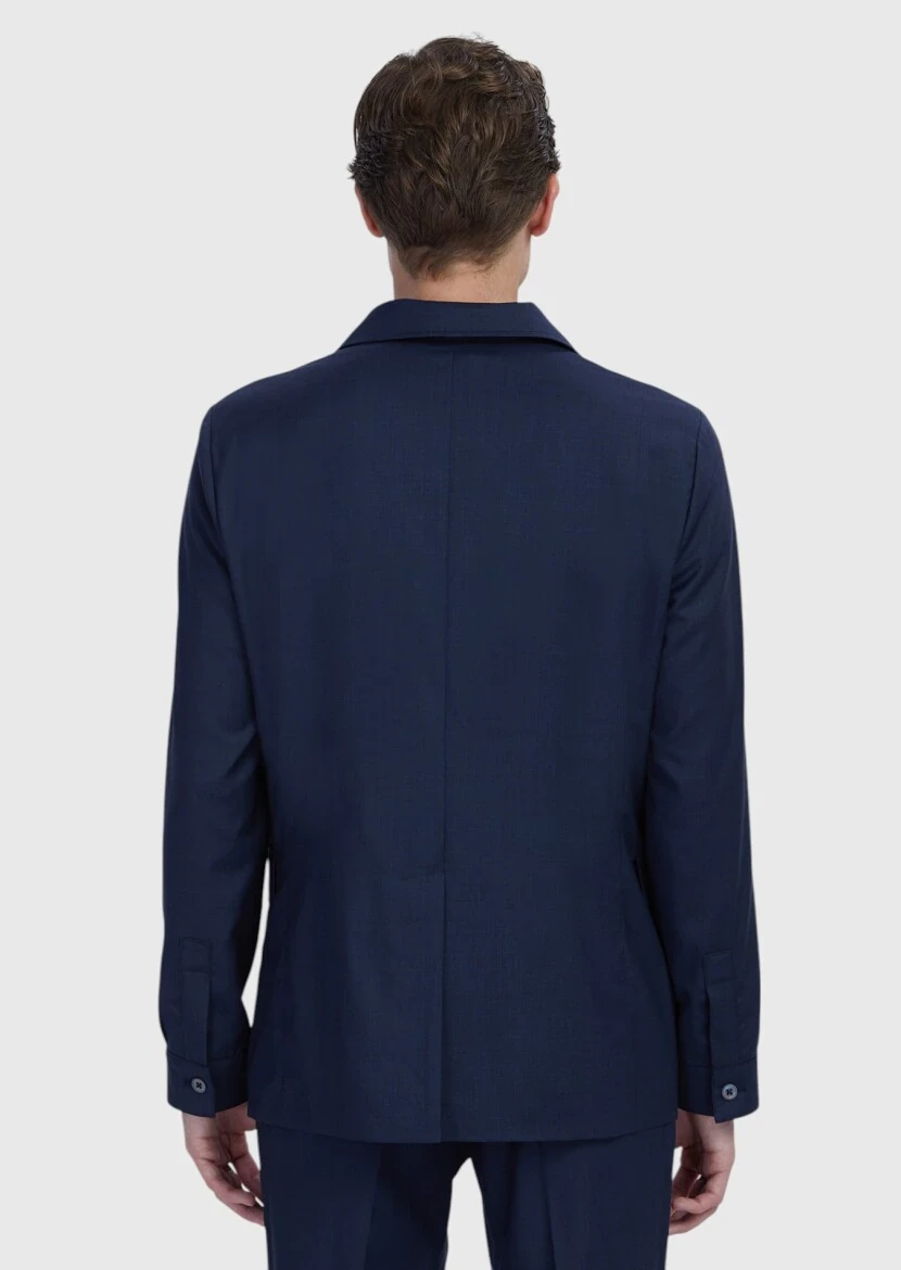 Lacivert Düz Shirt Shoulder Slim Fit %100 Yün Ceket - 6