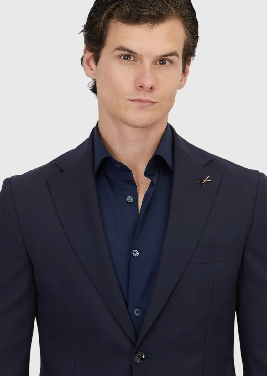 Lacivert Düz Shirt Shoulder Slim Fit %100 Yün Ceket - 3