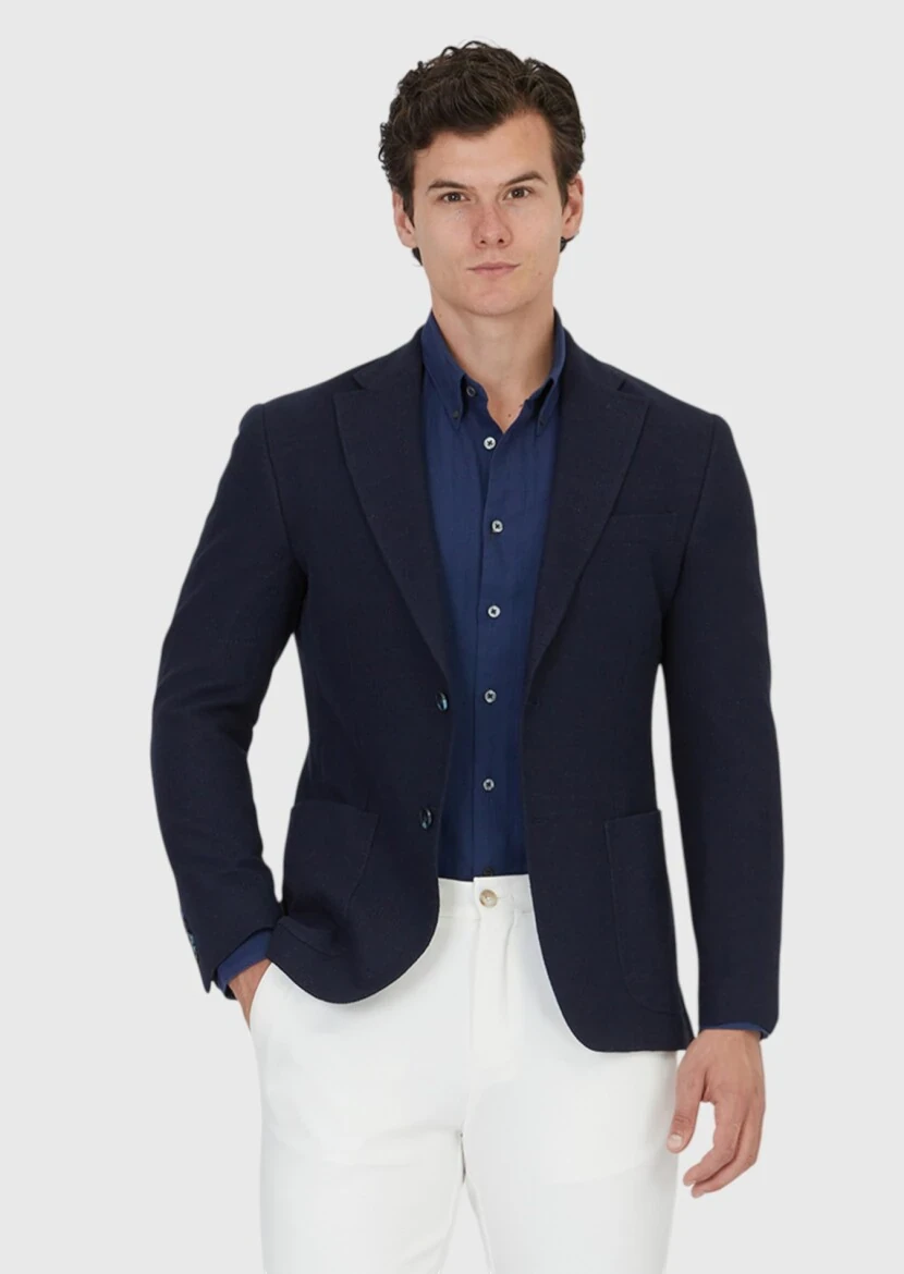 Lacivert Düz Shirt Shoulder Slim Fit Pamuk Karışımlı Örme Ceket - 1