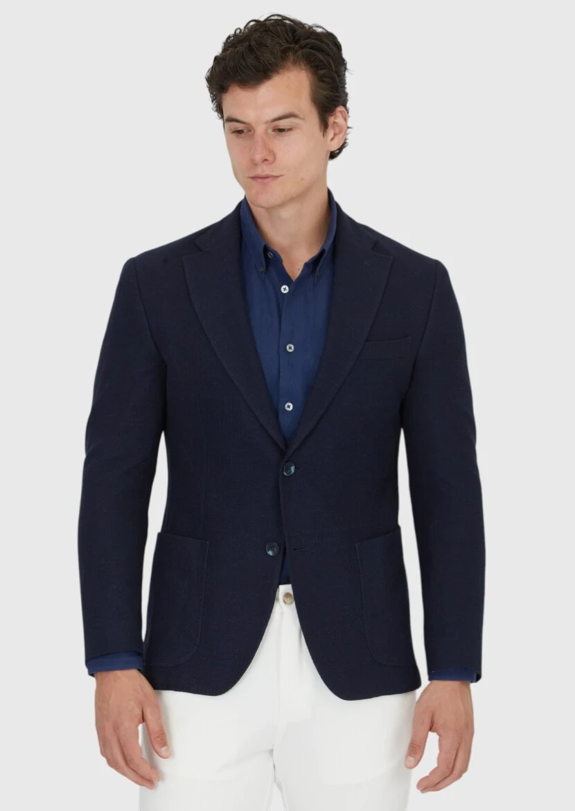 Lacivert Düz Shirt Shoulder Slim Fit Pamuk Karışımlı Örme Ceket - 3