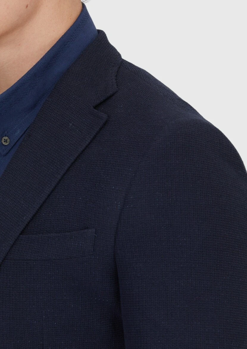 Lacivert Düz Shirt Shoulder Slim Fit Pamuk Karışımlı Örme Ceket - 5