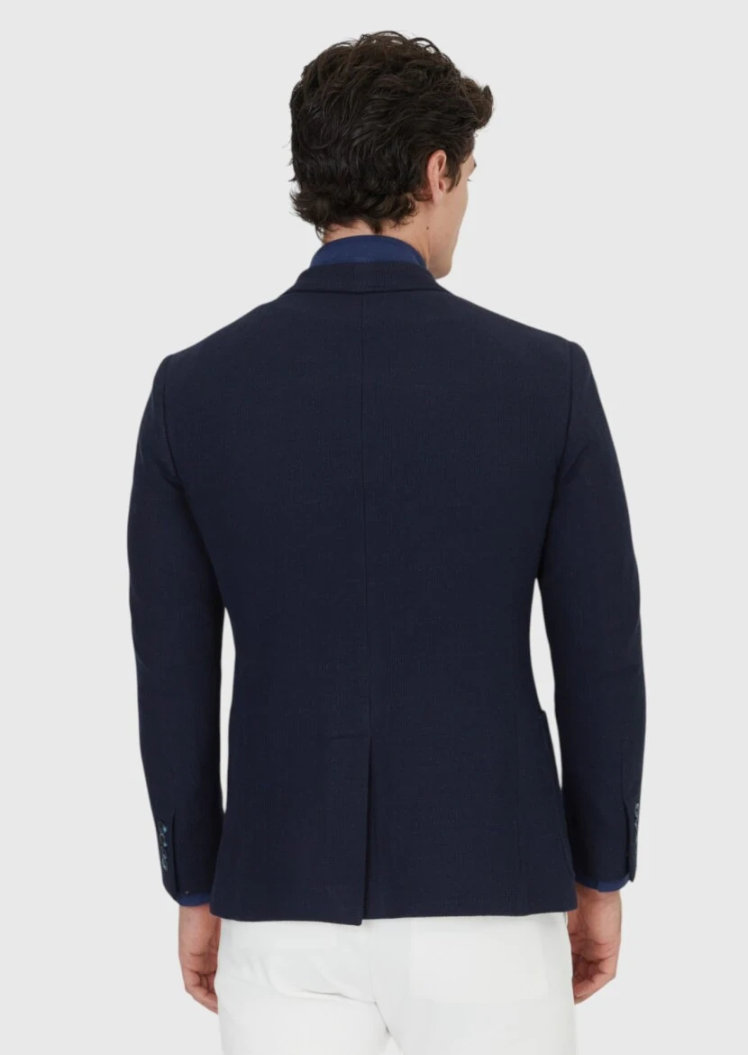 Lacivert Düz Shirt Shoulder Slim Fit Pamuk Karışımlı Örme Ceket - 7
