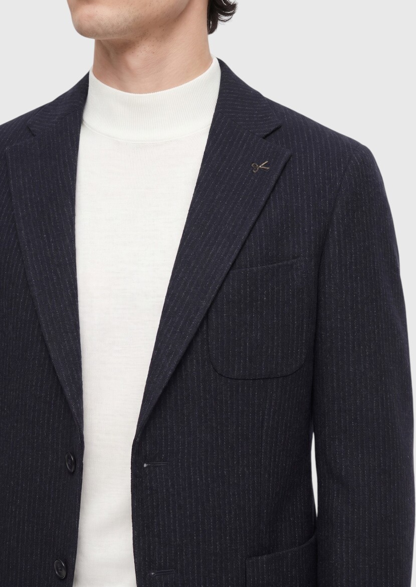 Lacivert Düz Shirt Shoulder Slim Fit Yün Karışımlı Örme Ceket - RAMSEY